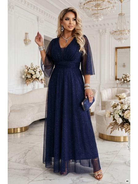 numoco Rochie lungă cu paiete plus size cu decolteu și mânecă transparentă - albastru închis