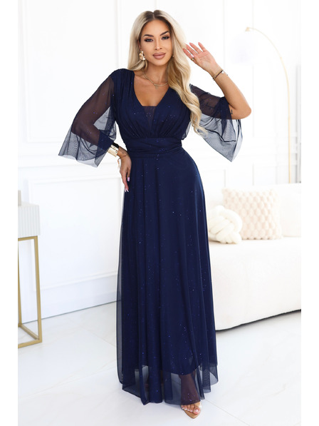 numoco Rochie lungă cu paiete plus size cu decolteu și mânecă transparentă - albastru închis