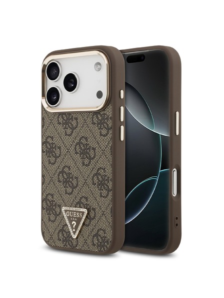 Guess Guess PU Leather 4G Strass Triangle Logo Gold Frame MagSafe Carcasă Spate pentru iPhone 18 Pro Brown