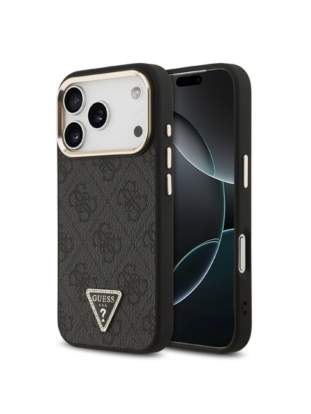Guess Guess PU Leather 4G Strass Triangle Logo Gold Frame MagSafe Carcasă Spate pentru iPhone 18 Pro Black