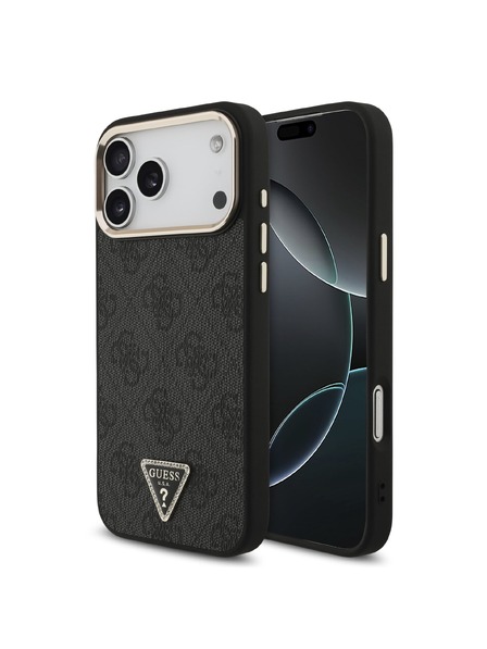 Guess Guess PU Leather 4G Strass Triangle Logo Gold Frame MagSafe Carcasă Spate pentru iPhone 18 Pro Max Black