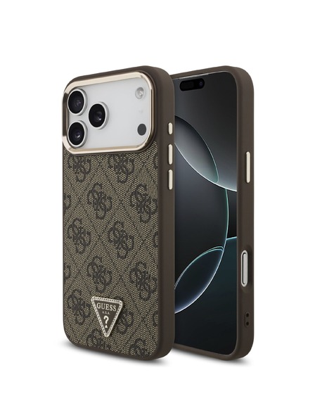 Guess Guess PU Leather 4G Strass Triangle Logo Gold Frame MagSafe Carcasă Spate pentru iPhone 18 Pro Max Brown