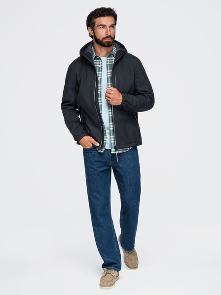 Ombre Clothing Jachetă pentru bărbați SOFTSHELL cu căptușeală din fleece și glugă – neagră V2 OM-JANP-0292 Ombre Clothing