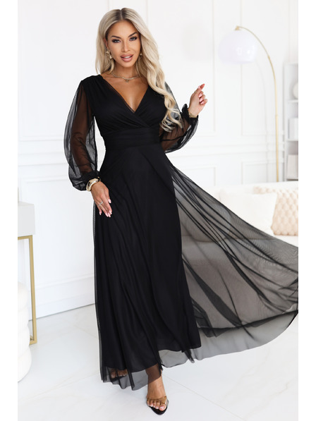 numoco NERISSA Elegant rochie maxi din tul cu decolteu înfășurat - negru