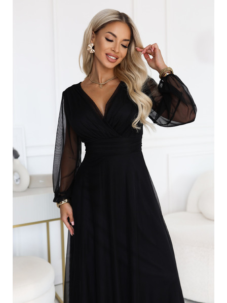 numoco NERISSA Elegant rochie maxi din tul cu decolteu înfășurat - negru