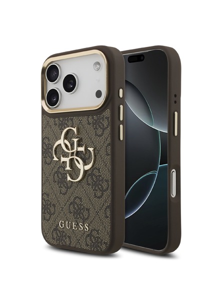 Guess Guess PU Leather 4G Metal Logo Gold Frame Carcasă spate pentru iPhone 18 Pro Brown