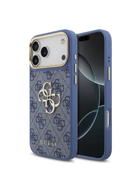 Guess Guess PU Leather 4G Metal Logo Gold Frame Carcasă Spate pentru iPhone 18 Pro Max Albastru