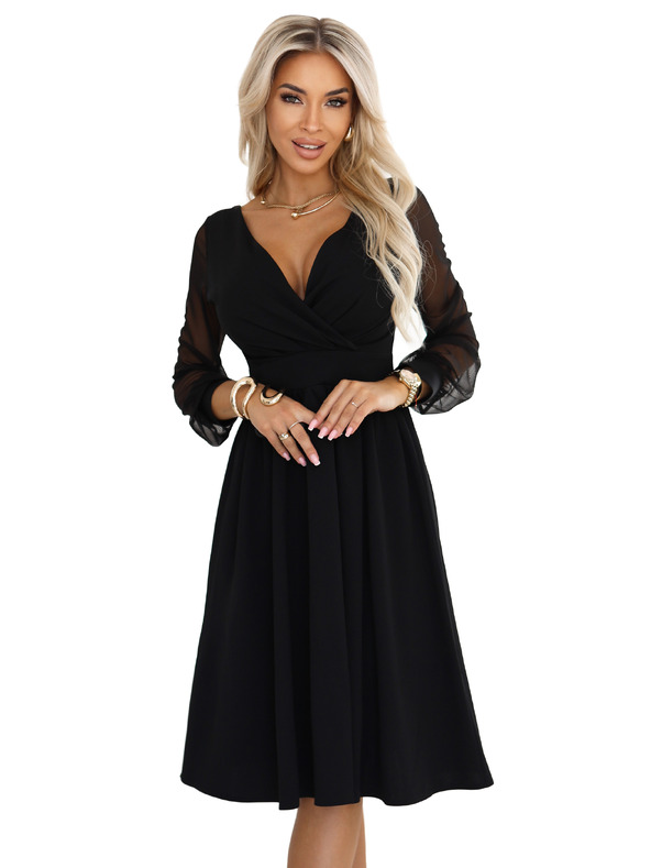 numoco Rochie midi elegantă cu decolteu wrapper și mâneci din tul - neagră
