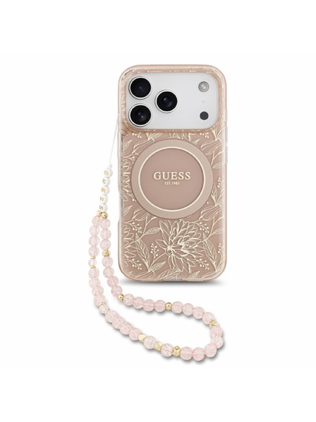 Guess Guess IML Flowers Allover Strap MagSafe Carcasă spate pentru iPhone 18 Pro Pink