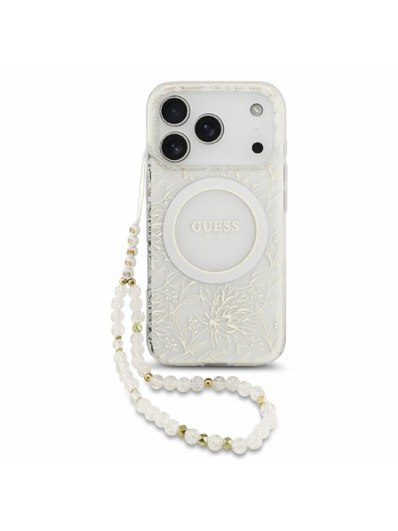 Guess Guess IML Flowers Allover Strap MagSafe Carcasă spate pentru iPhone 18 Pro White
