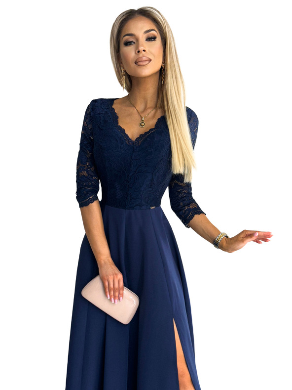 numoco Rochie lungă elegantă din dantelă cu decolteu - albastru închis Numoco AMBER