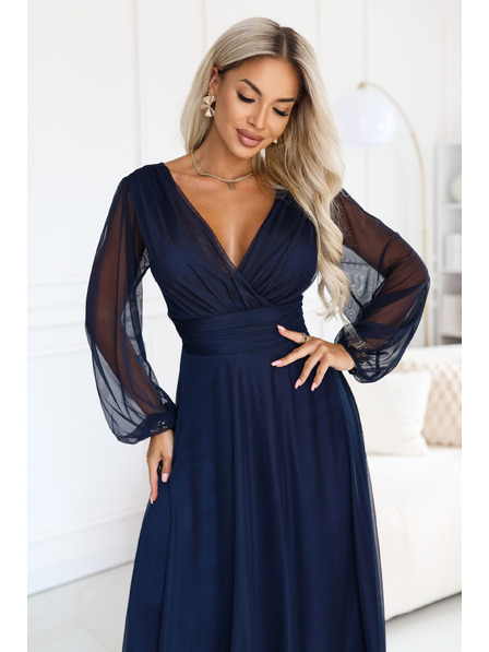 numoco NERISSA Rochie maxi din tul elegant cu decupaj tip înfășurare - albastru închis