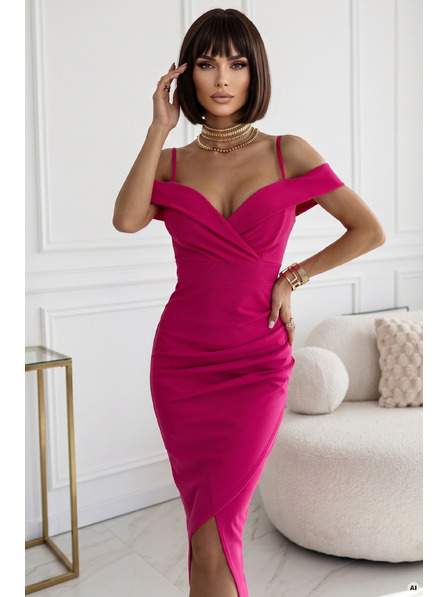 numoco CALLIE Rochie midi cu umerii goi și decupaj - fucsia