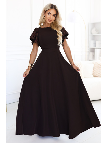 numoco MIRELLA Rochie maxi elegantă evazată cu mâneci paiete - maro ciocolatiu
